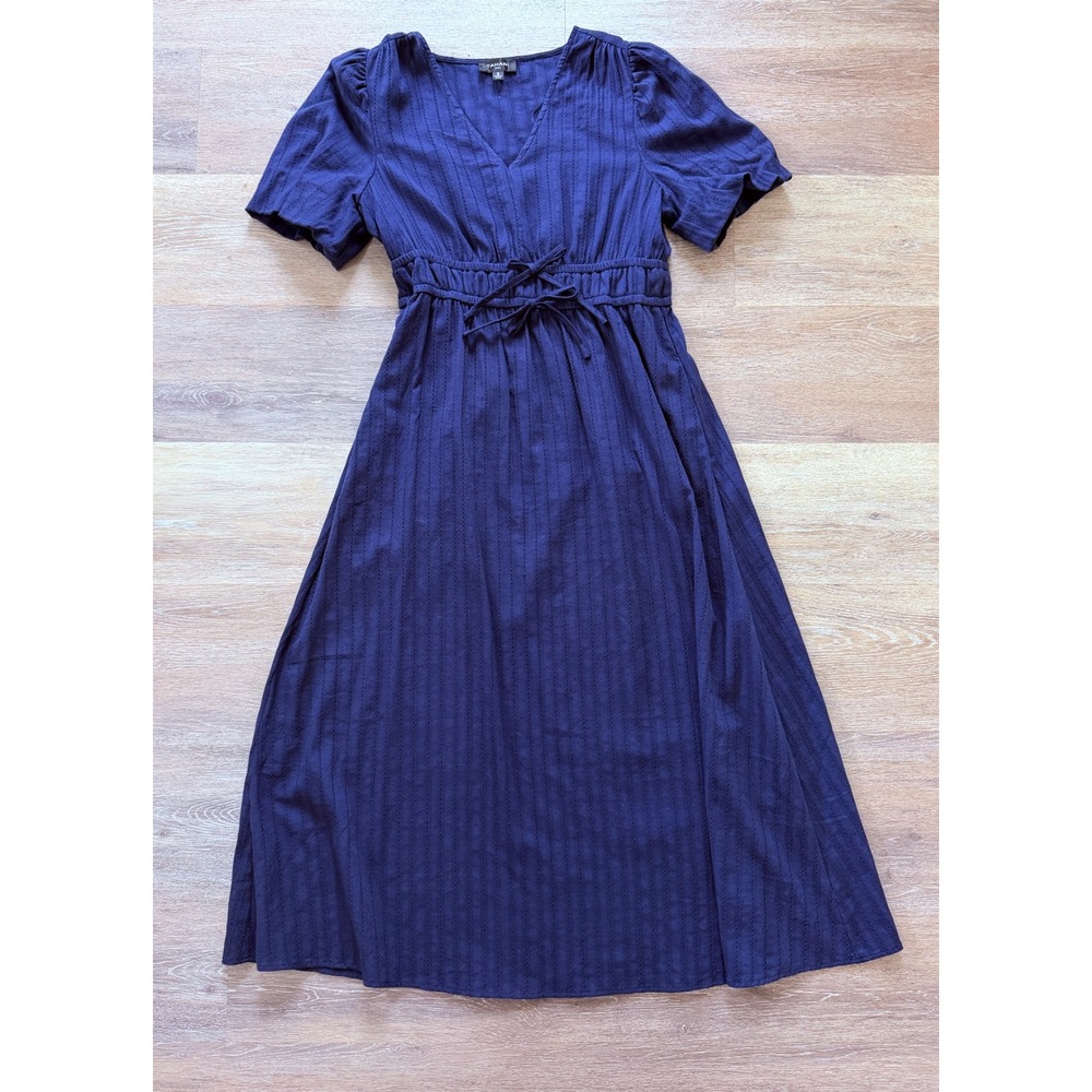 Tahari ASL Navy Blue Cotton Smocked Waist Midi Dress V-Neck Puff Sleeve Small